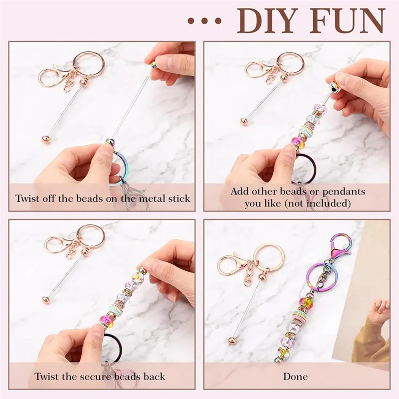 LLCS-Beadable Keychains Bars Bulk Blank Beaded Metal Keychain For Craft DIY Gift Backpack Decoration Pendan
