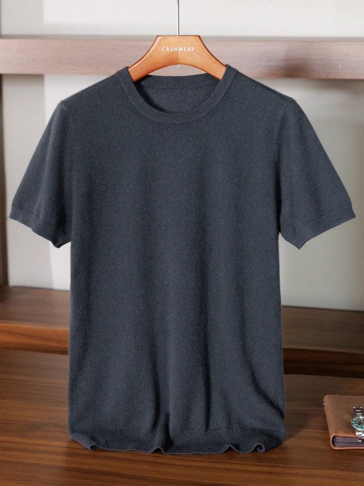 Men Cashmere T-shirt Summer Short Sleeve Pullover Sweater 100% Cashmere Knitwear Basic Smart Casual Clothing Soft Comfy Tops