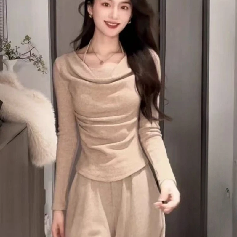 A Complete Set of Women's Pure Desire, Fake Two-piece Tops, Wide-leg Pants, and A and Sassy Suit New Pre-autumn Fashion Outfits