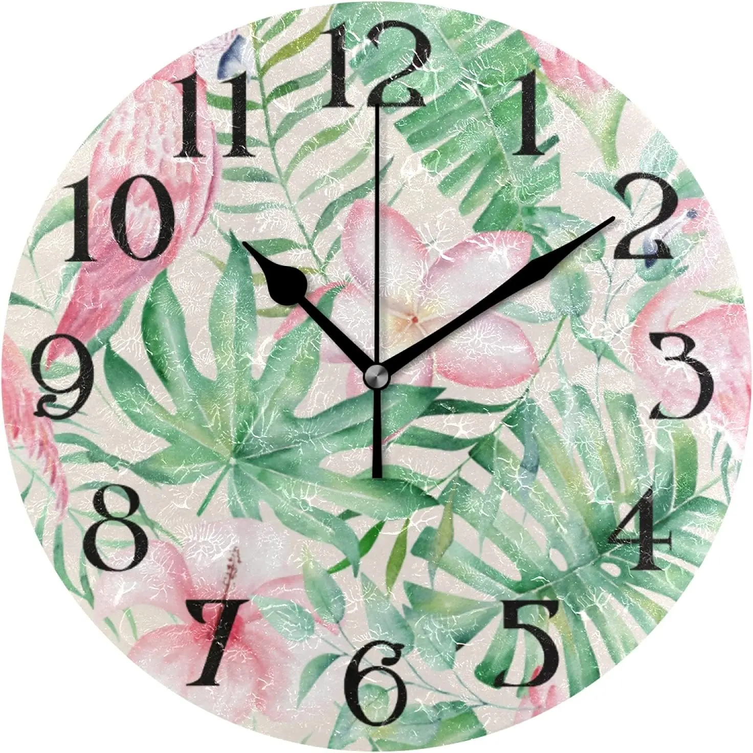 Tropical Plant Green Palm Leaves Pink Flamingo Wall Clock 9.5 Inch Non-Ticking Silent Clocks Round Bathroom Clock Battery Operat