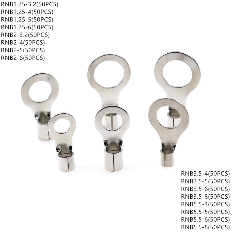 50Pcs RNB Copper Nose Cold Pressed Bare Wiring Terminal RNB1.25/2/3.5/5.5-3.2-4-5-6 Connector