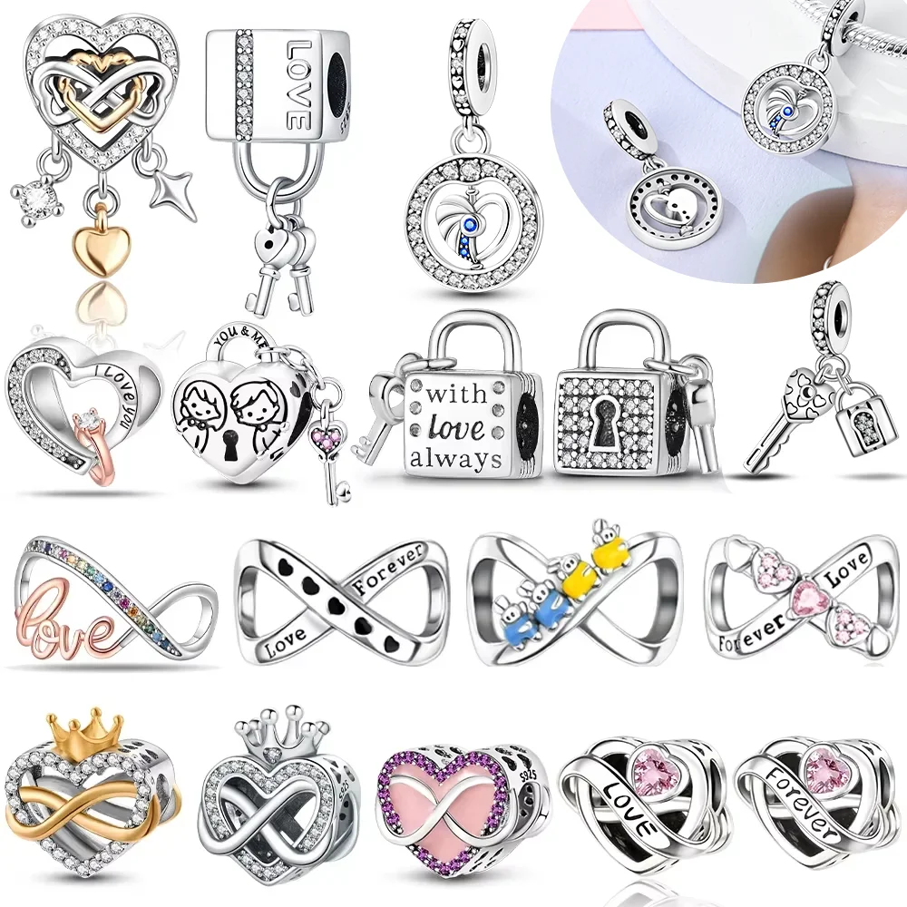 Exquisite Charms 925 Silver Original Lock Head Key Unlimited Pink Zircon Heart Design Beads Fit Bracelet Women Jewelry Diy Gifts