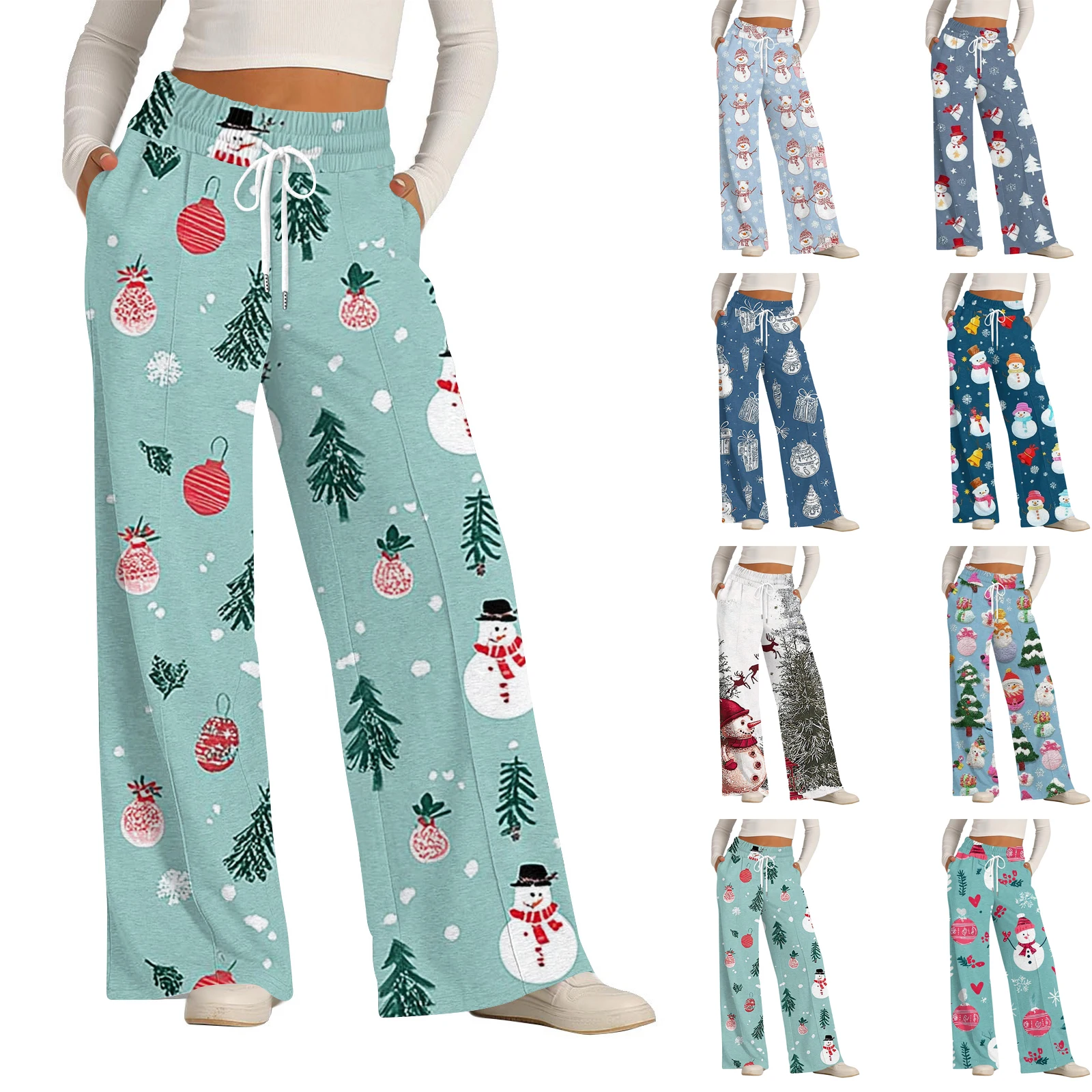 المرأة عيد الميلاد جيوب فضفاضة قيعان عادية بنطلون واسعة مستقيم بنطال ذو قصة أرجل واسعة Sweatpants عالية الخصر فضفاض تشغيل اليوغا بانت #5