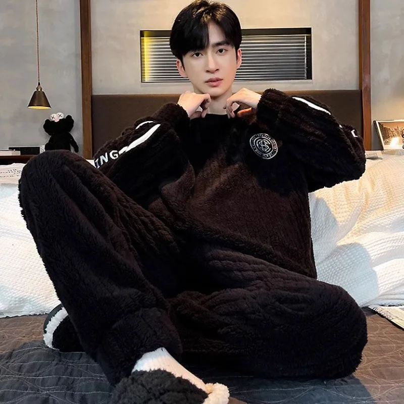 Can Be Worn Outside Warm Loungewear Set Autumn Winter Round Collar Coral Fleece Pajamas Men's Fleece Thickened Flannel Underwear