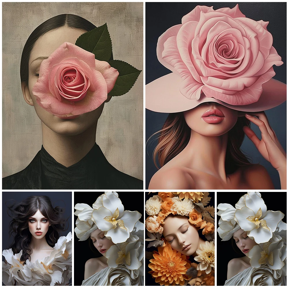 

Modern Girl Woman Rose Flower Portrait Poster Wall Art Canvas Painting Home Decor Wall Pictures For Living Room Unframed