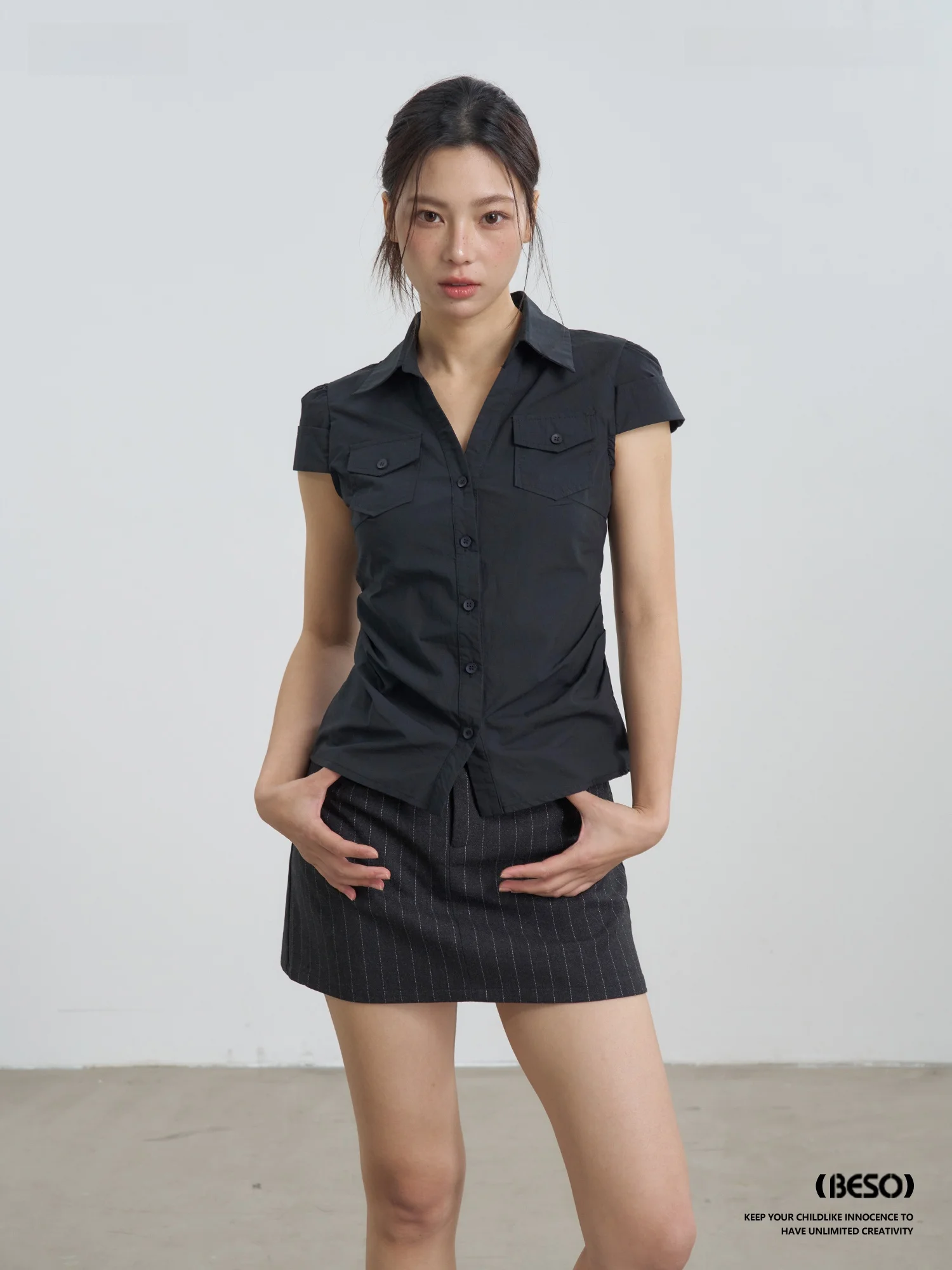

BESOBER Original Korean Style Slim Fit Short Sleeve Shirt Women's Cotton Top with Pocket Fashionable Casual Summer Shirt