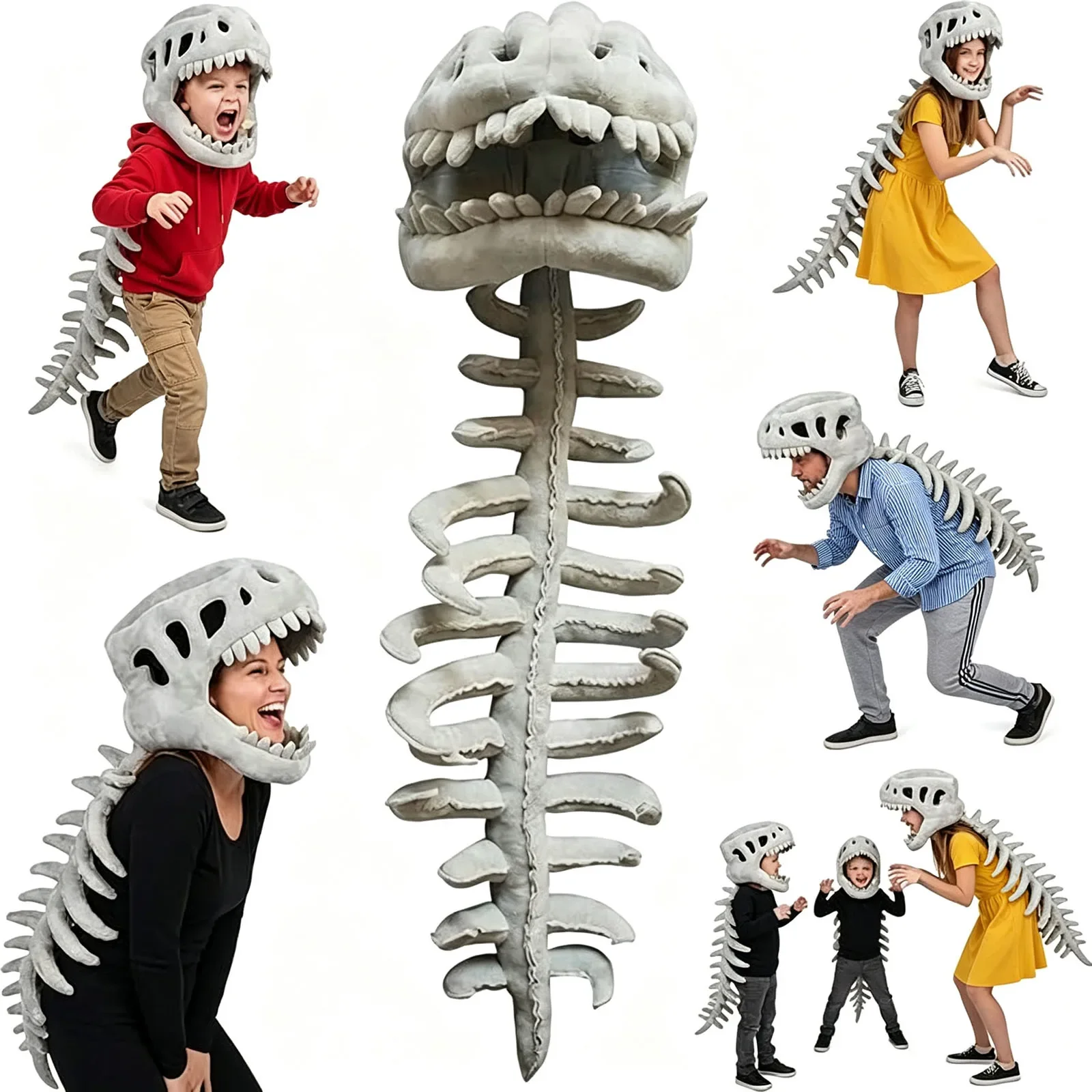 Dino Skeleton Plush Head Mask Cosplay Costume Performance Bone Print Soft Toy for Dress Up Party Role Play Halloween Outfit