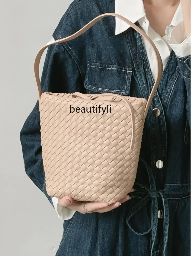 yj Special-Interest Design Authentic Leather Weave Bucket Bag High-Grade Temperament One-Shoulder Portable Underarm Bag