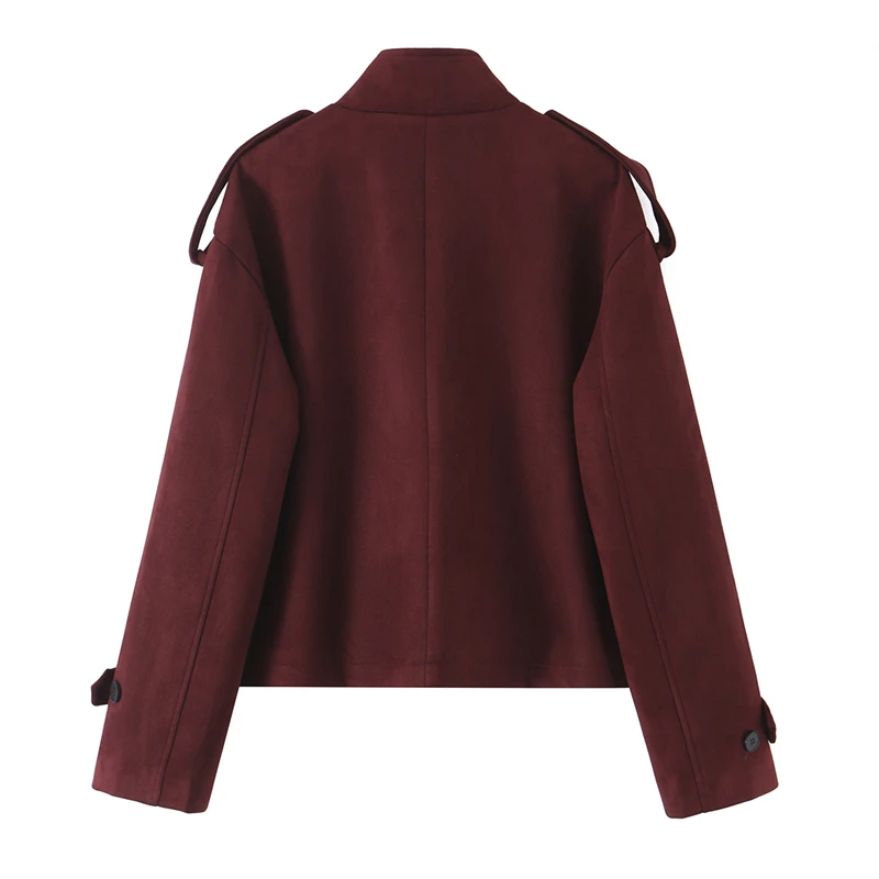 KEYANKETIAN 2026 Retro Wine Red Suede Short Coat Stand Neck Epaulet Detail Button Closure Double Pocket Women Outer Jacket