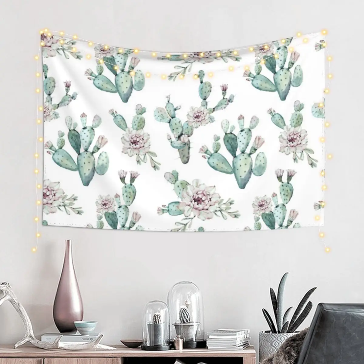 Pretty Cactus Pink White and Mint Green Desert Cacti Home Decor Pattern Tapestry Wall Mural Hanging Wall Tapestry