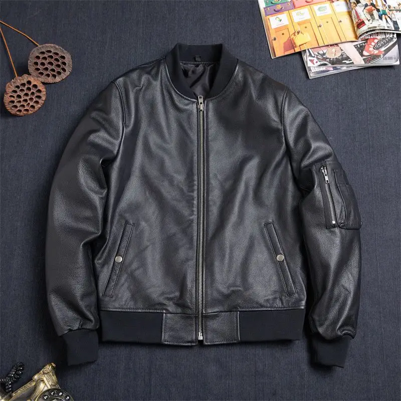 

New Men's Spring Autumn Fall Cloth Genuine Cow Leather Jacket Casual Outerwear Male Windbreaker Black Plus Size 5XL XXXXXL