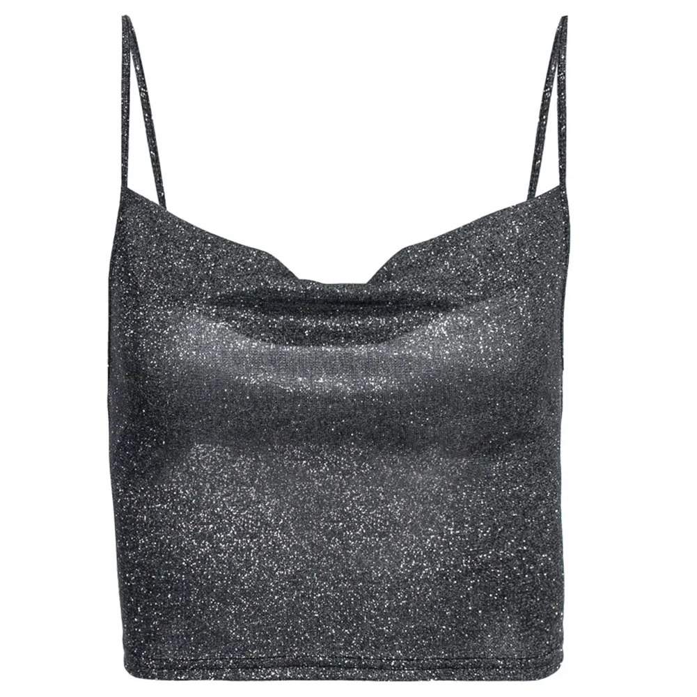 Women Glitter Y2K Crop Top Blackless Shiny Spaghetti Straps Low Cut V-Neck Form-Fitting Tank Cami Top Clubwear