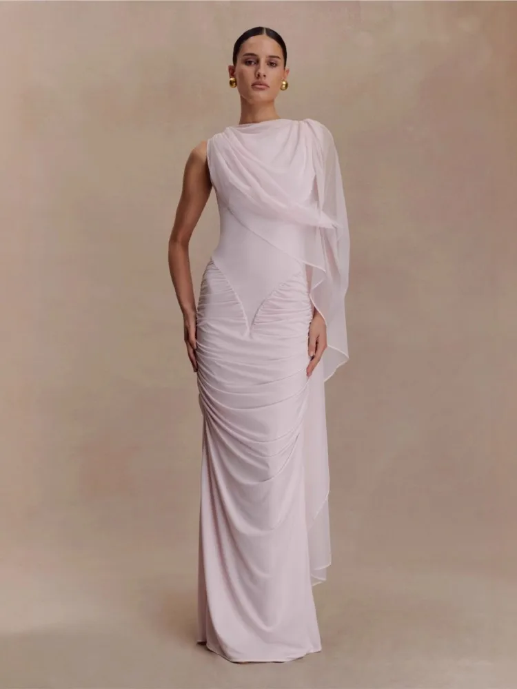 

2025 Wrinkles Dress Mesh Shawl Vestidos Wrap Hip Party Dresses Sleeveless Solid Color O Neck-round Slim Vestido Banquet Elegant