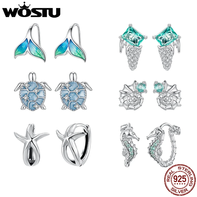 

WOSTU Ocean Jewelry 925 Sterling Silver Blue Turtle Green Conch Stud Earrings Women Rainbow Mermaid Ear Hoops Beach Holiday Gift