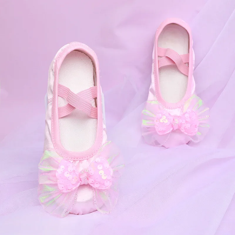 Zapatos de Ballet de princesa para niña, zapatos suaves con garra de gato, lazo de lentejuelas, zapatos de baile de malla, zapatillas de Ballet para