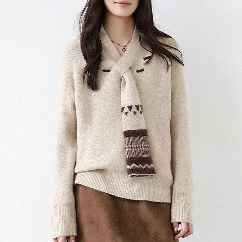 

Новый женский вязаный свитер с длинным рукавом, пуловер, трикотаж, шарф, свитер с V-образным вырезом, женские топы Q2916