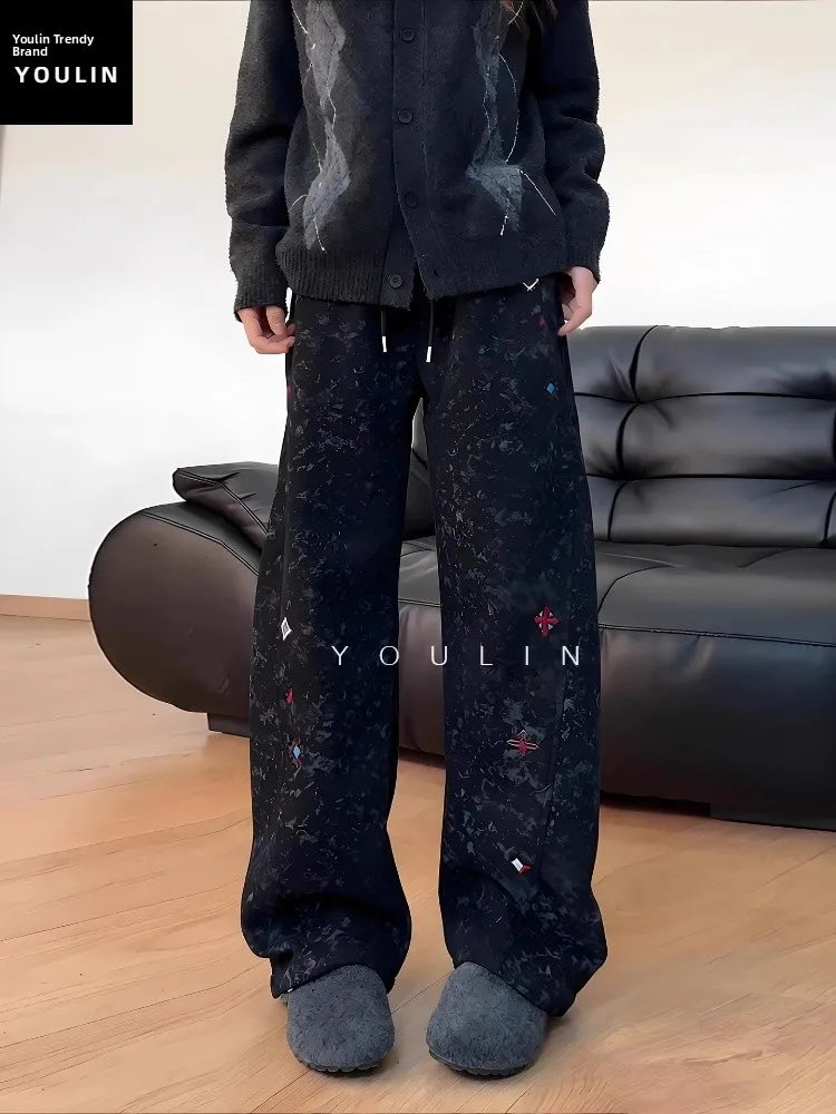 

Мужские спортивные брюки-джоггеры из американской ткани с начесом, прямого кроя, на осень-зиму, с низкой посадкой, повседневные, удлиненные