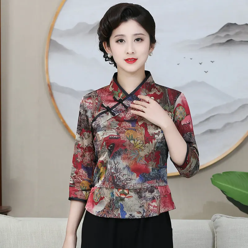 Tunique de style Cheongsam pour femme, imprimé floral, col mandarin, trois quarts, zhuang plus riche, financièrement, rouge ingent, manches Y, 2024