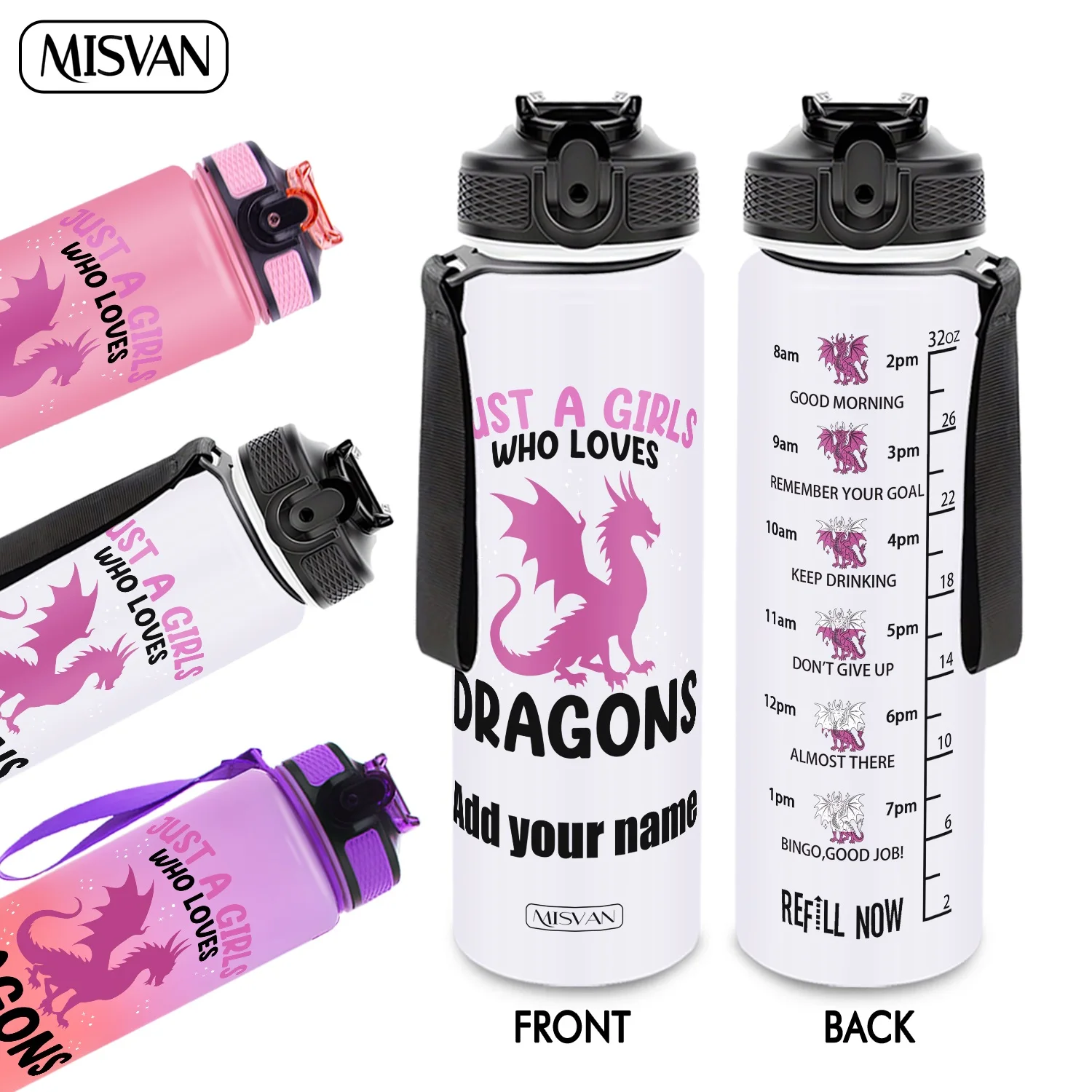 

Бутылка для воды 32 унции (950 мл) с возможностью персонализации имени, для любительниц драконов, способствует ежедневному увлажнению, для спортзала, активного отдыха и велоспорта.