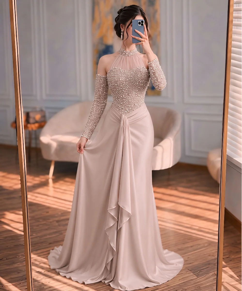 

Customized Exquisite Tulle Pleat Sequined Pattern Trumpet Halter Long Bespoke Occasion Party Dresses Intricate