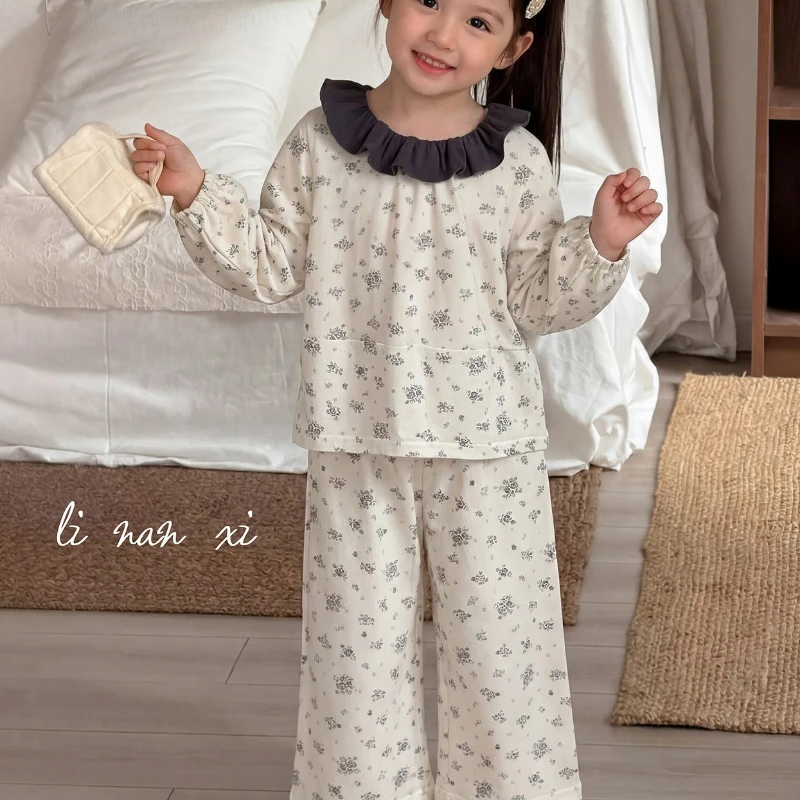 Girls' Home Clothes 2026 Spring and Autumn Winter New Sweet Floral Lotus Leaf Collar Long Sleeve Long Pants Two Piece Set