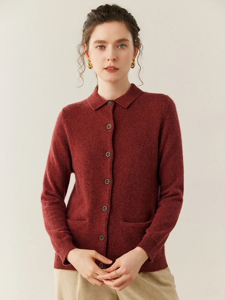 

Простой 100% кашемировый кардиган, свитер, женский новый осенне-зимний однотонный однобортный воротник-поло, универсальная вязаная куртка, элегантная