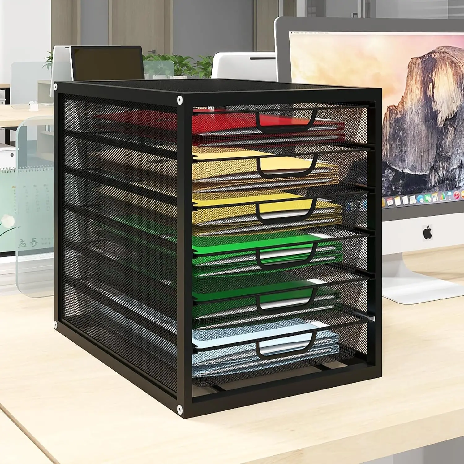 

Mesh Desk Organizer with 6 Tier Sliding Drawers, Paper Sorter, Multi-Functional Home Office Supplies Storage Tray for Le