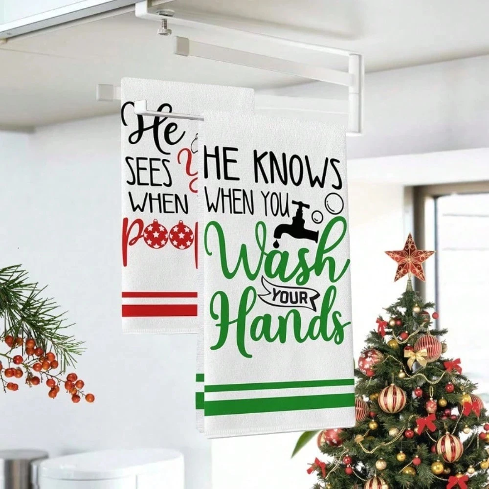 2 szt. Świątecznych Śmiesznych Ręczników Kuchennych z Nadrukiem, Druk Jednostronny 2D, Na Każdy Sezon/Świąteczny, Szybkoschnące do Kuchni/Łazienki