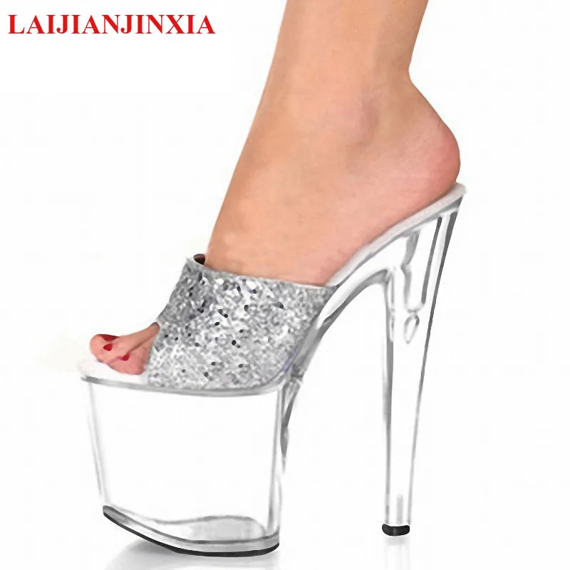 LAIJIANJINXIA New PU Sexy Exotic Pole Dancing Shoes Summer Women Slippers 20CM High Heels Size 34-46 E094