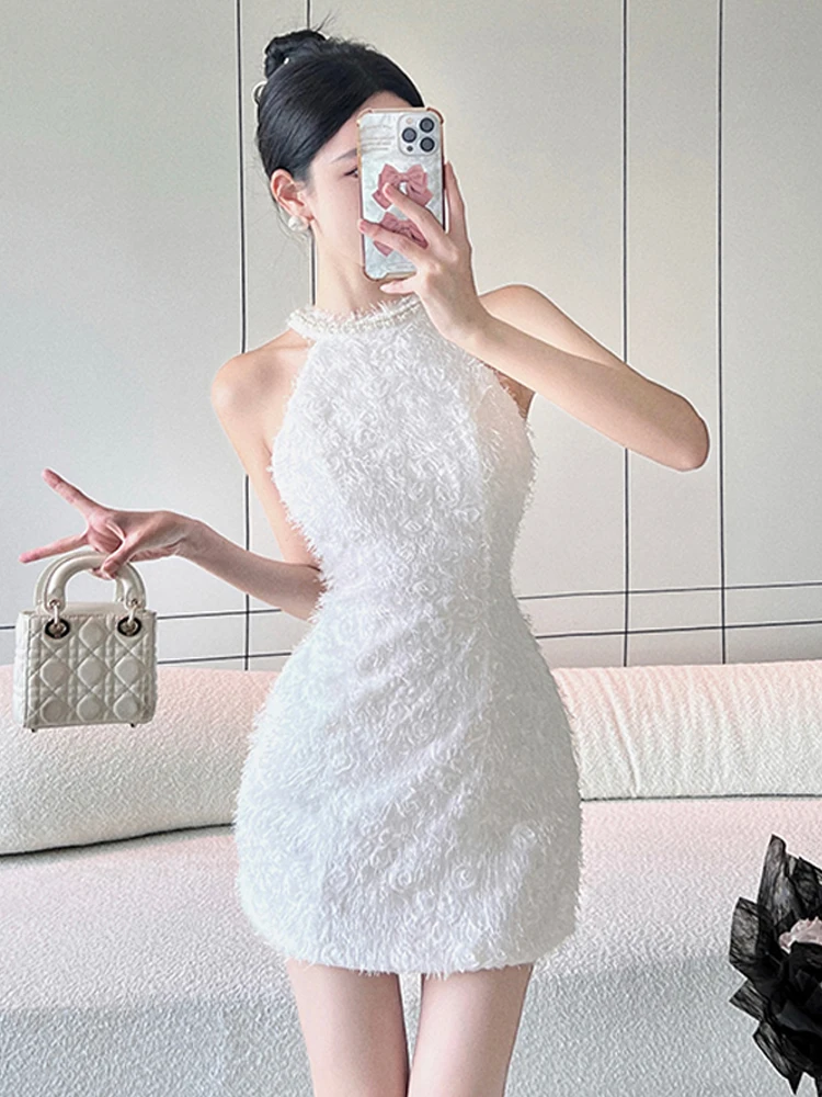 Y2K White Sweet Evening Short Dress Women Clothes Elegant Chic Sexy Halter Sleeveless Slim Mini Party Birthday Vestidos Holiday