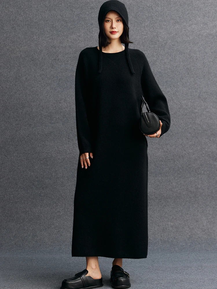 TLOML النساء 100% فساتين سترة الكشمير المعنقة س الرقبة قطعة واحدة فساتين الخريف الشتاء سميكة لينة الكشمير تريكو فضفاض أسلوب بسيط #5