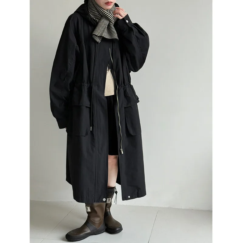 EAEOVNI 가을 후드 롱 트렌치 코트 여성 패션 지퍼 드로우 스트링 디자인 포켓 루즈 솔리드 컬러 윈드 브레이커 의류