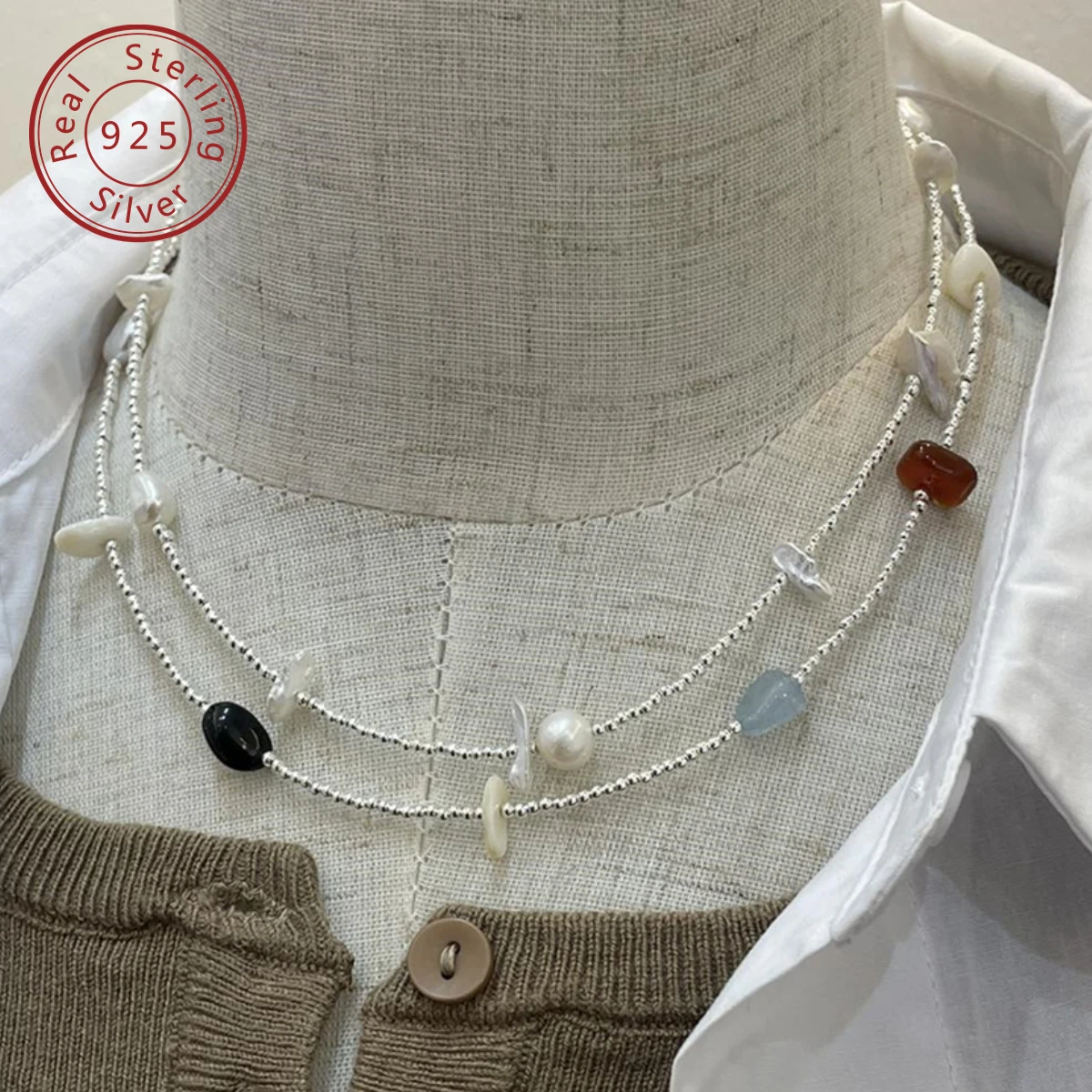 925 Silver Korean Autumn/Winter New Natural Freshwater Pearl Crushed Stone Silver Bead Necklace, Minimalist Design Style