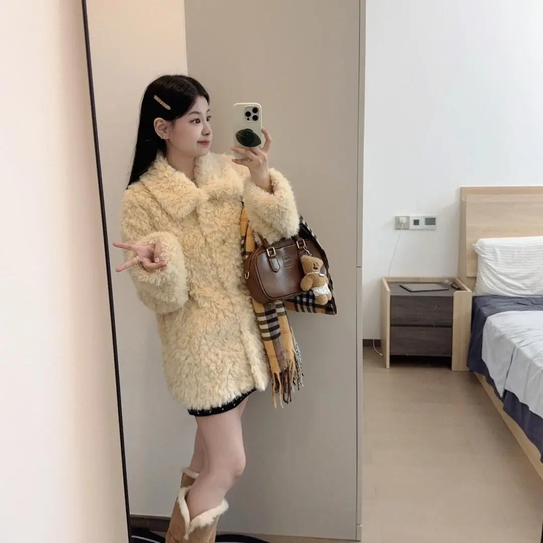 Abrigo de invierno para mujer, chaqueta de piel de cordero de piel de oveja sintética, Tops gruesos y cálidos de felpa informales a la moda, prendas de vestir exteriores elegantes 2024