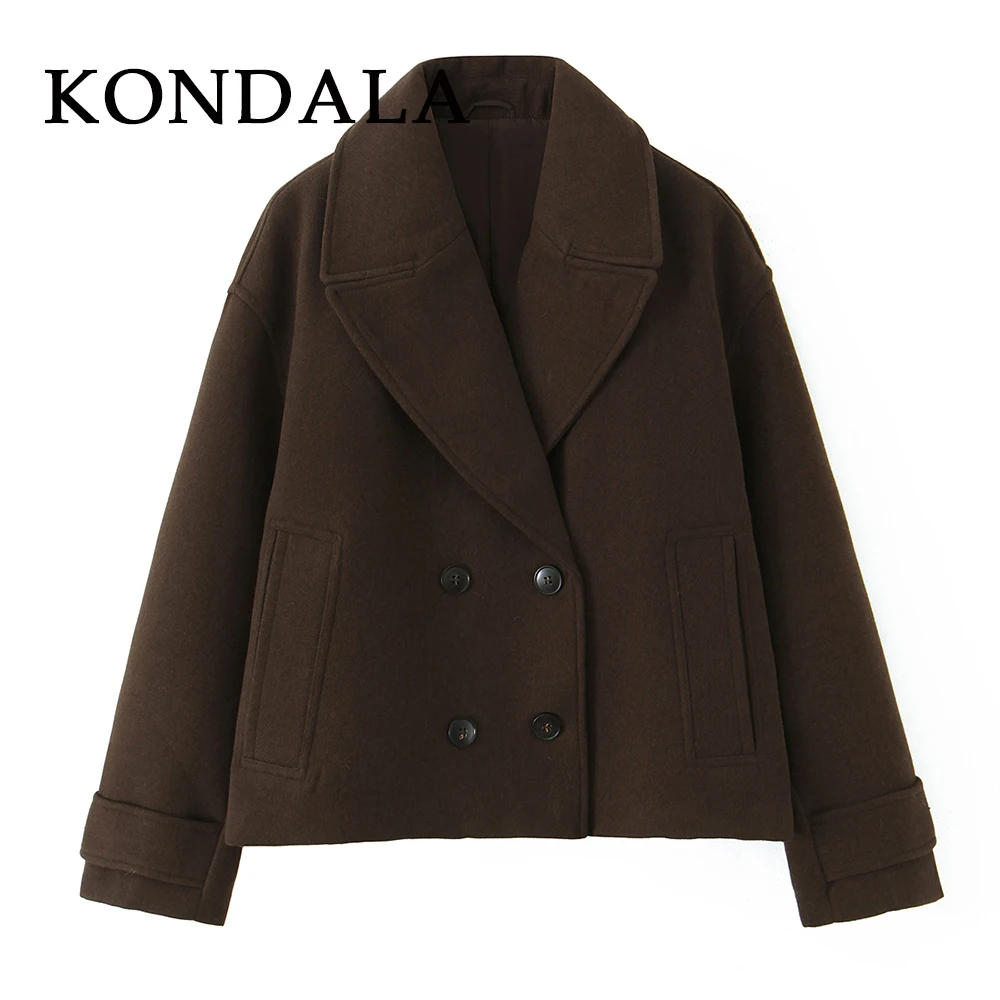 

KONDALA Fashion 2025 Autumn Brown Elegant Women Jacket Double Breasted Loose Short Coat Casual Female Pockets Thick Outerwear