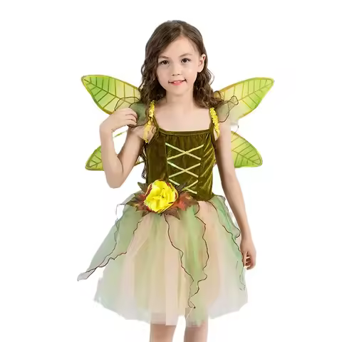 Forest Tinker Green Fairy Angel Elf Pixie Garden Costume Kid Girls Tulle Dress Wing Festival Toddler Child Neverland Outfit