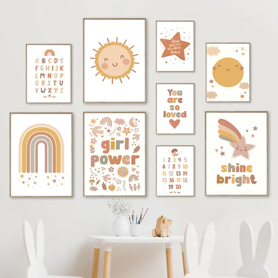 Sun Rainbow Star Alphanumeric Education Kids Room Posters And Prints Baby Wall Art Pictures Decor Nordic Nursery Canvas Painting