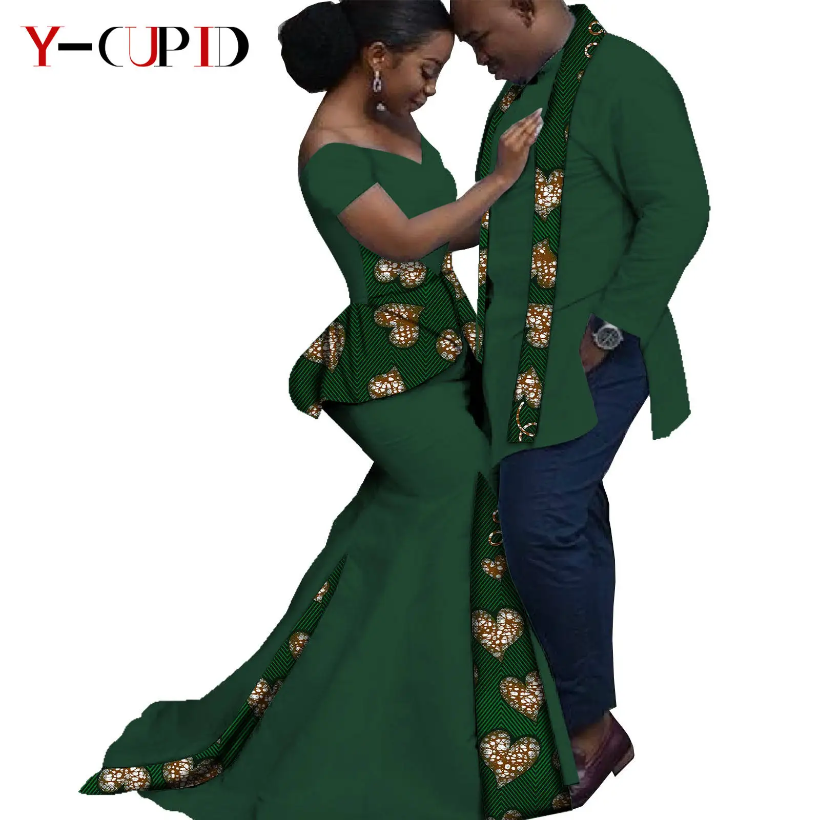 African Print Ruffles Mermaid Long Dresses Matching Couple Clothes Dashiki Men Top and Ankara Scarf  Party Wear S20C013