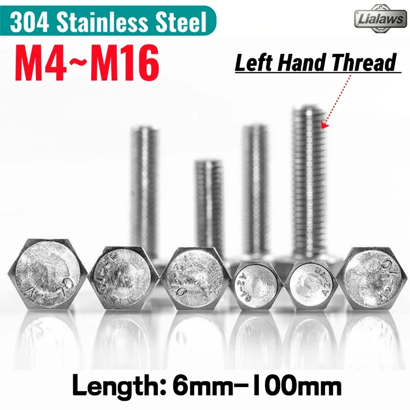 M4-M16 Left Hand Thread Hex Bolt Outside Hex Head Screw Bolt 304 Stainless Steel Reverse Thread External Hexagon Head Screw