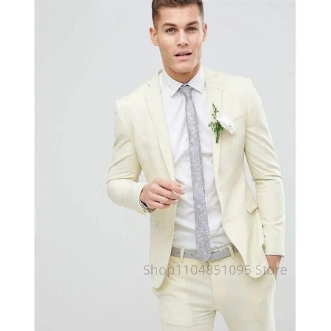 

Casual Beige Men's 2 Pieces Suits Slim Fit Two Buttons Notch Lapel Jacket Pants for Party Prom Business Wedding Men Clothing