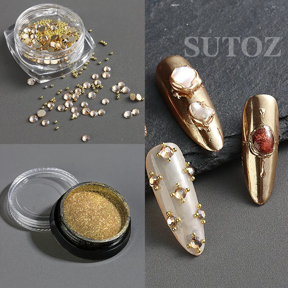 Vintage Nails Decoration Set Glossy Shell Stone Golden Mirror Powder Luxurious Rhinestones Gorgeous Manicure Accessories #GL-725