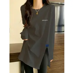 2023 Spring and Autumn Mid Length Pure Cotton Round Neck Long Sleeve Women's New Underlay Bottom Versatile Loose Side Split Top
