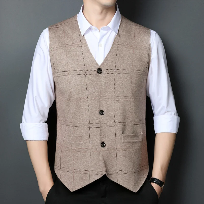 Top Grade Brand Men's Clothing Suit Vest Knit Sleeveless Buttons Down V-neck Basic Autumn Winter Retro Vintage Business