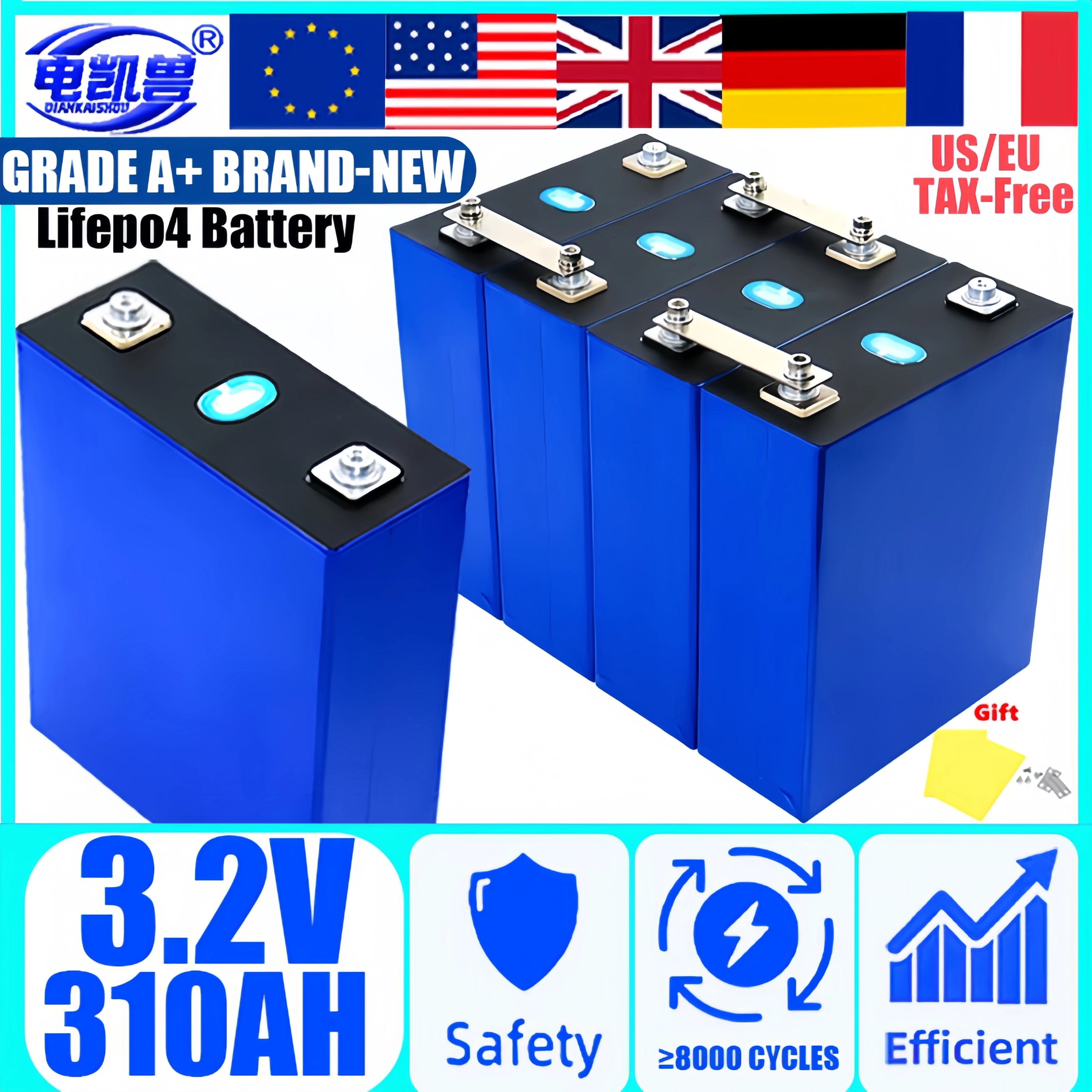 

New 3.2V 310AH 320AH Lifepo4 Grade A Rechargeable Battery Lithium Iron Phosphate for Travel Solar RV Cells12v 24v 48V Tax Free
