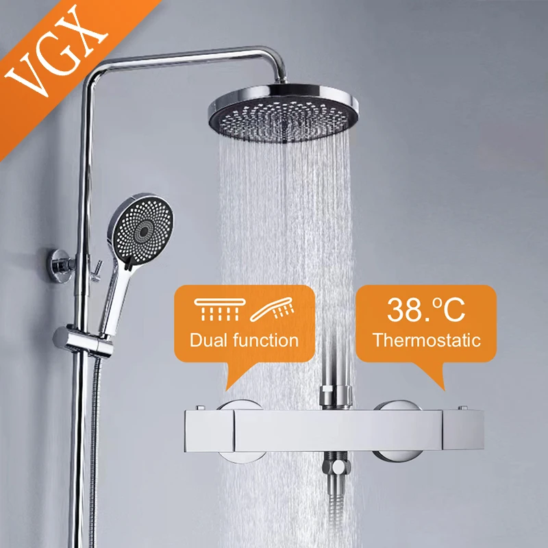 VGX Sistema doccia termostatico Set doccia da bagno intelligente in ottone Sistema doccia a 2 funzioni Soffione doccia rotondo Spruzzatore portatile