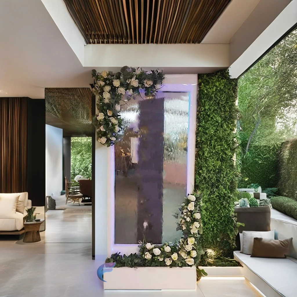 Personalización. Panel de fuente de pared de vidrio para exteriores Art Deco moderno, cascada, decoración del hogar para jardín, hoteles, cascada con espejo de aluminio