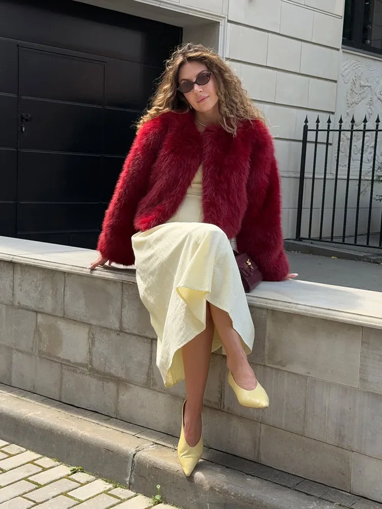 Moda curta angora vermelho jaqueta de pele do falso quente solto casaco de inverno feminino popular engrossado outerwear para senhoras