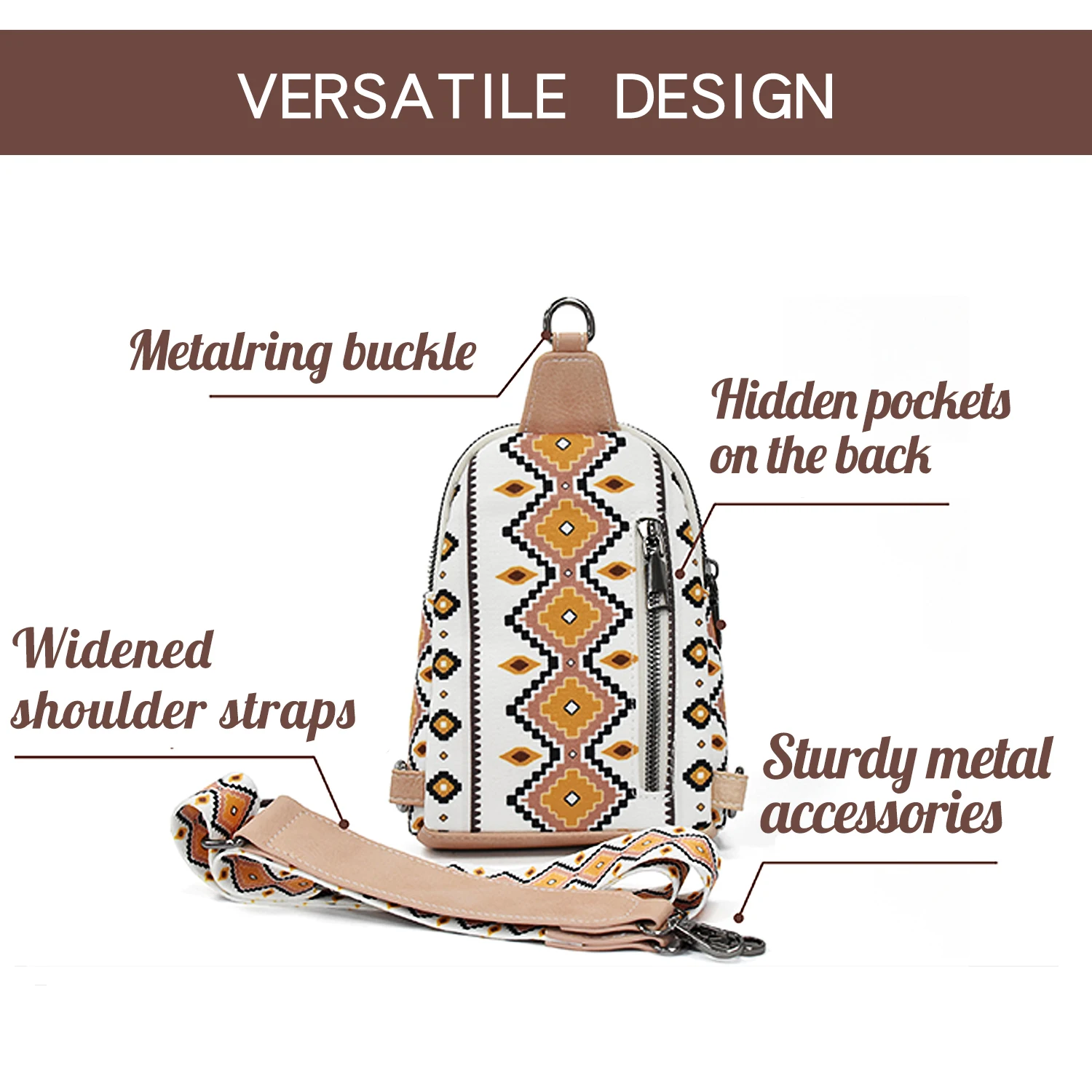 Bohemia Aztec Crossbody Boho Sling Bag Southwest Chest Bag with Detachable adjustable Strap for Women Trendy CrossBody Chest Bag