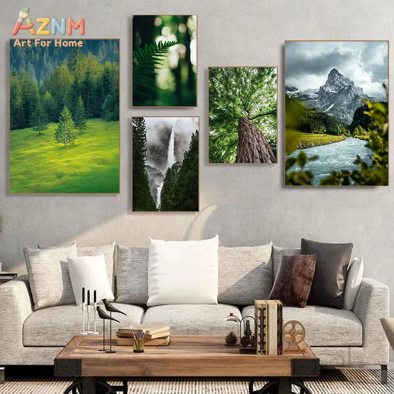 AZNM Fresh Green Forest Mountain Stream Canvas Poster Frameless Wall Art Natural Wilderness Fern Pine Scenery Print For Living R