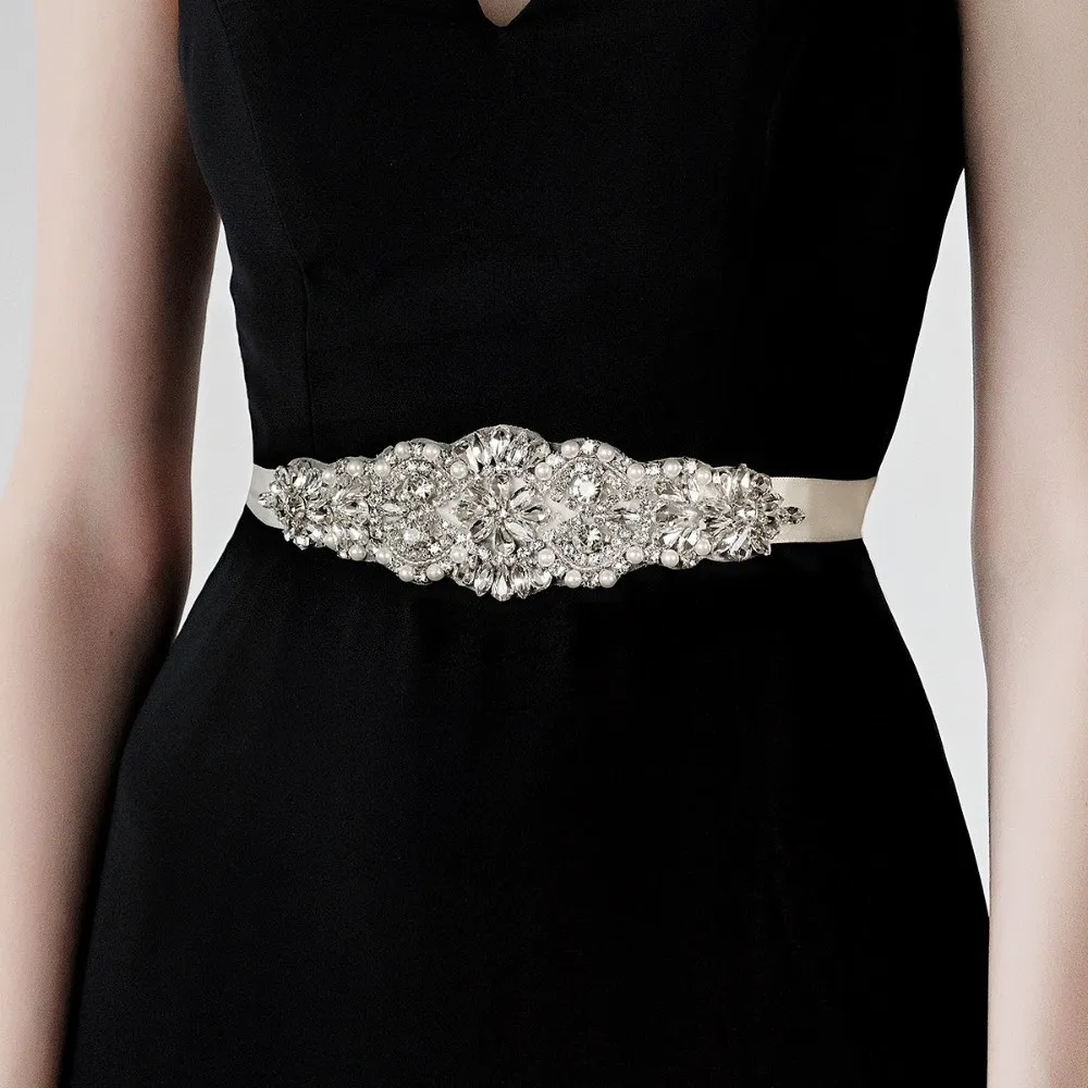 

Fashion Ribbon Bridal Belt Silver Long Wedding Belt Rhinestones Gown Belt Bridal Sashes Women
